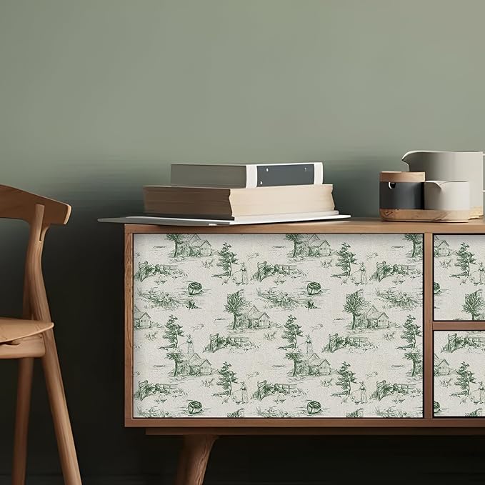 QUCHENG Toile de Jouy Wallpaper Chinoiserie Style Wall Sticker Monochrome Landscape Dresser Decal Removabal Self Adhesive Decor Peel and Stick Furniture Stickers Vintage Bedroom Livingroom Decoration