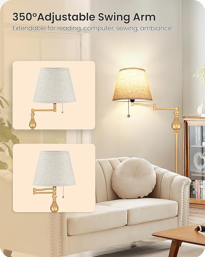 Vintage Floor Lamp with 350°Adjustable Swing Arm, 61” Mid-Century Modern Floor Lamp, Farmhouse Standing Pole Lamp, Antique Reading Lamp for Living Room, Bedroom, Office, Linen Shade, Gold DE13LD05