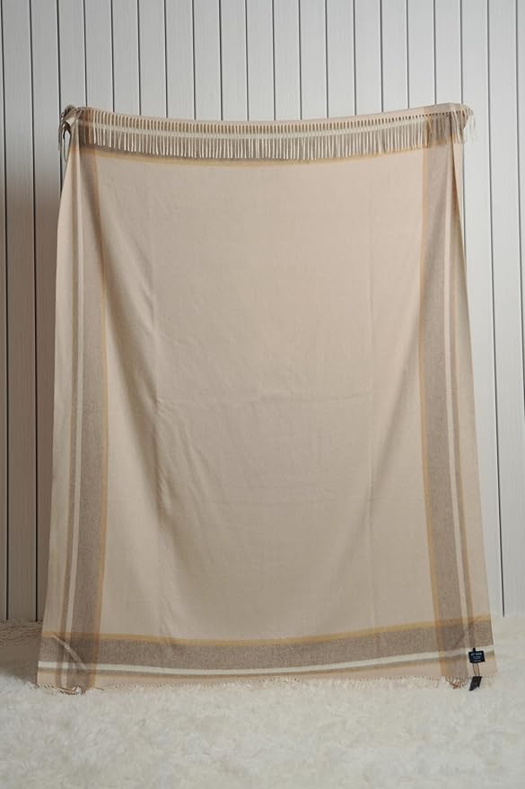 EP Mode 100% Pure Cashmere Throw Blanket for Sofa, Classic Design with Gift Box (Beige Border)