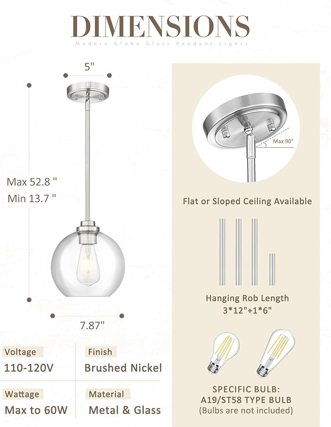 Globe Pendant Light Fixture, 8'' Modern Brushed Nickel Hanging Light with Clear Glass for Kitchen Island Dining Room Bedroom Hallway Foyer (1 Pack), PL101BN-L
