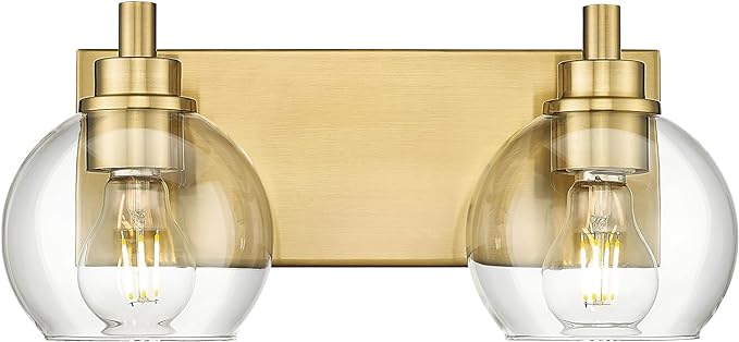 Bathroom Light Fixtures, 2 Light Brushed Gold Vanity Light, Modern Wall Sconces with Clear Glass Globe Shade, Bathroom Wall Lights Over Mirror Kitchen Bedroom Hallway, VL195-GD-2