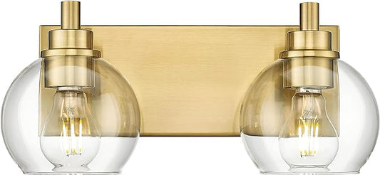 Bathroom Light Fixtures, 2 Light Brushed Gold Vanity Light, Modern Wall Sconces with Clear Glass Globe Shade, Bathroom Wall Lights Over Mirror Kitchen Bedroom Hallway, VL195-GD-2