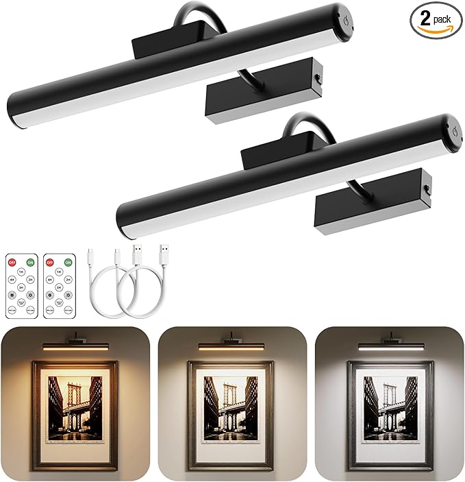 Wireless Picture Light with Remote, Battery Operated Wall Sconce 5000mAh, 3 Color Modes and Dimmable LED Wall Lights with Timer for Painting, Frame, Gallery, Dartboard, Bedroom (Black-2Pack)