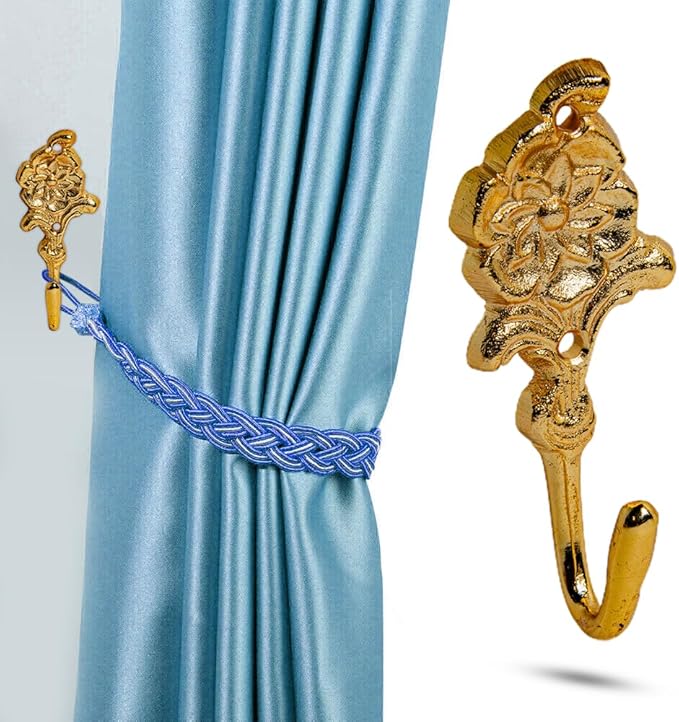 Multipurpose Hooks, Used to Hang Clothes, Bags, Coats, Curtain Hold Backs, Keys, Colour - Full Gold, Material - Brass, Flower Design, Screws and Wallplugs Included, Pack of 10 Pieces