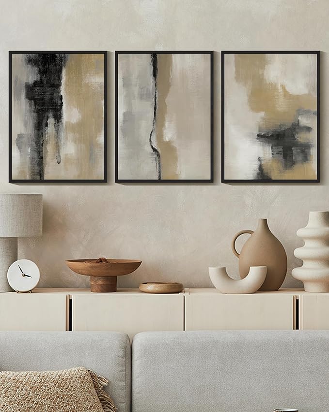 KUVIOKE Black Abstract Framed Wall Art Neutral Graffiti Pastel Minimalist Wall Decor Modern Art Painting for Bedroom Living Room 11x14in (Black Framed)