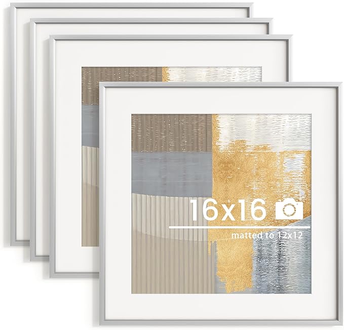16x16 inch Metal Picture Frame - Thin Aluminum Square Photo Frames with 12x12 Removable Mat - High Definition Plexiglass - Vertical and Horizontal Display - Wall Hook Hanging Hardware Included - Silver, Set of 4