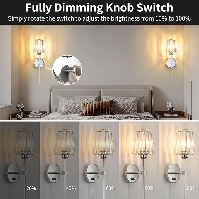 Crystal Wall Sconces Set of 2, Dimmable Wall Sconce with Plug in Cord and Dimmer Chrome Plug in Wall Lamp Wall Mounted Light with Crystal Shade for Living Room Bedroom Vanity Light, Bulbs Included