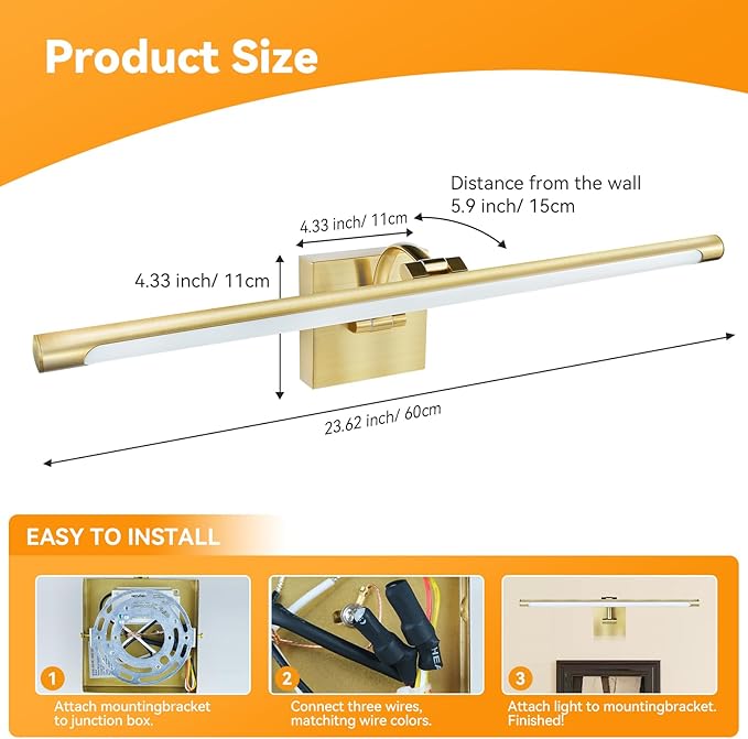 JO.KO 23.6 Inch LED Picture Lights for Wall Hardwired, Poster Art Gallery Light 10-100% Dimmable, 3000k Warm White Gold Wall Sconces 14W CRI90 for Gallery Artwork, Paintings and Bathroom