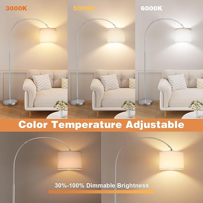 Ambimall Dimmable Arc Floor Lamp with Remote, Color Temperatures and Brightness Adjustable, Arched Floor Lamp with Rotating Head, Over Couch Arched Reading Light for Living Room (White and Silver)