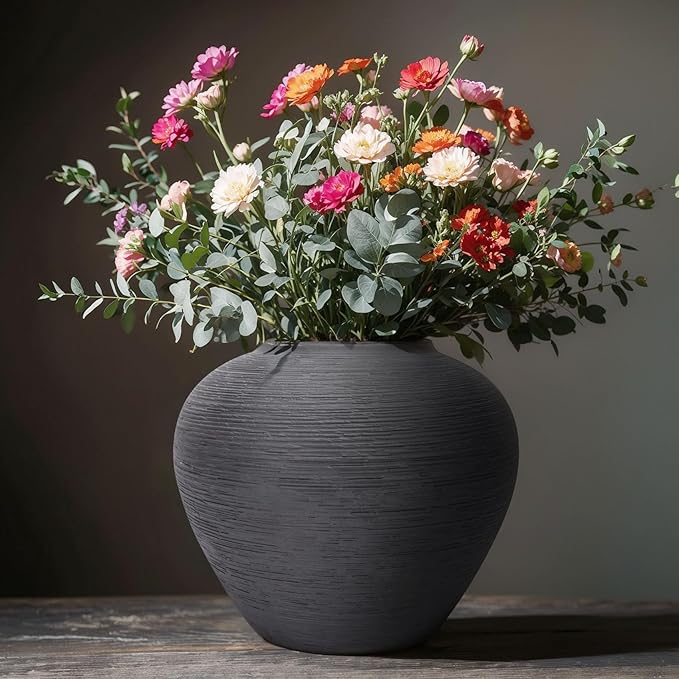 Rustic Black Ceramic Vase with Textured Finish, Large Round Terracotta Vases for Farmhouse Home Decoration, Wide Mouth Vintage Pottery Vases for Living Room, Kitchen, Table Centerpieces