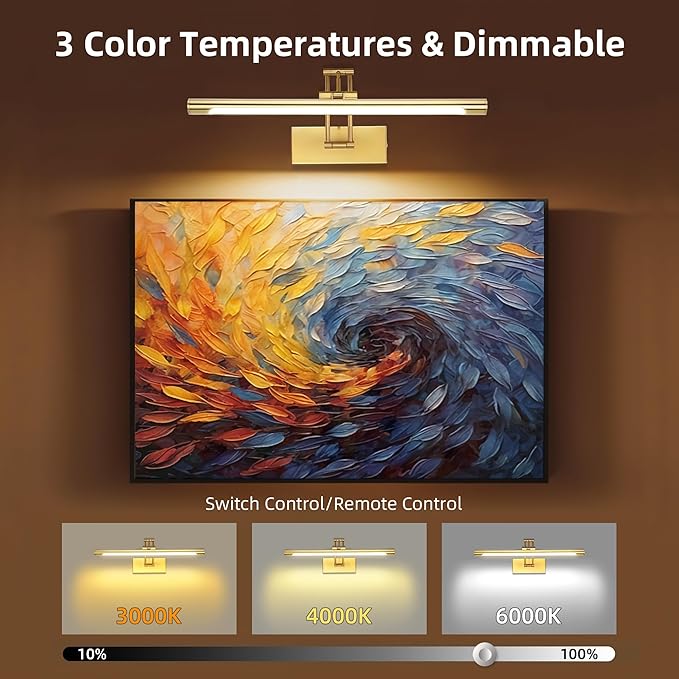 16“ Picture Lights for Wall Battery Operated, Wireless Picture Light with Remote, Rechargeable Wall Light 3000K/4000K/6000K Dimmable, Art Lighting for Paintings Frame Gallery Dartboard Light, Brass