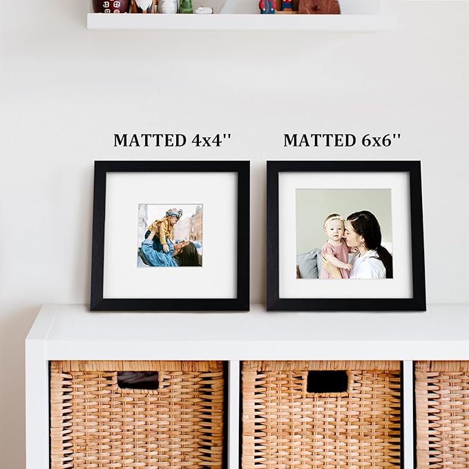 Egofine 8x8 Picture Frame 4PCS, Made of Solid Wood Covered by Plexiglass Display 4x4/6x6 with Mat or 8x8 without Mat, for Table Top Display and Wall Mounting Photo Frame, Black with Texture