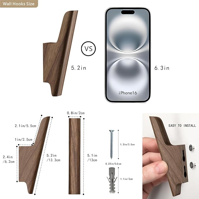 Wooden Wall Hooks 4 Pack Coat Hooks Mounted Walnut Wooden Hooks for Wall Hanging Hat, Towel, Bag, Backpack, Decorative Wood Heavy Duty Hook for Entryway and Bathroom (Walnut, Light)