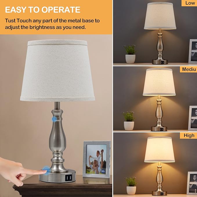 Lamps for Bedrooms Set of 2, Brushed Nickel Bedside Lamps with USB C+A Ports, 3 Way Dimmable Nightstand Lamps with Fabric Lampshade, Touch Table Lamp for Living Room Bedroom Office, Bulbs Included