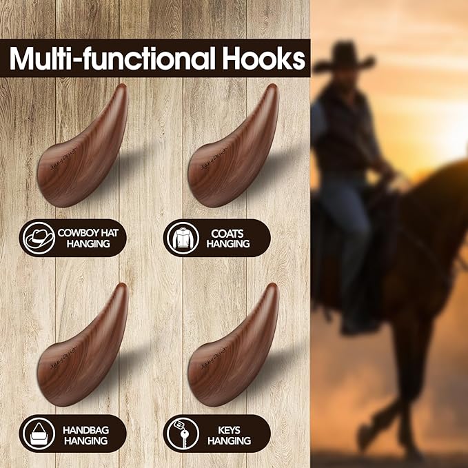 World’s Only - Unique Wall Hooks, 2 Pack Coat Hooks, Horn Shape Design, Decorative Bag Hooks, Cowboy Hat Rack for Wall – Natural, Space-Saving, Baseball Cap Organizer