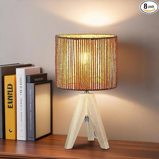 Tripod Table Lamp Light with Birch Color Wooden Base, Wooden Desk Lamp with Rattan Lampshade, 14.37 in Small Lamps, E26 Base Bedside Lamps for Night Stands, Home, Office, Living Room, Dorm(Stripe)