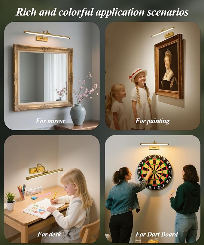 Picture Light for Wall,Gold 16 inch Rechargeable Art Battery Lights Wireless Remote and Timer,Dimmable Wall Sconce Battery LED Painting Light with 3 Color Temperatures for Gallery,Living Room,Hallway