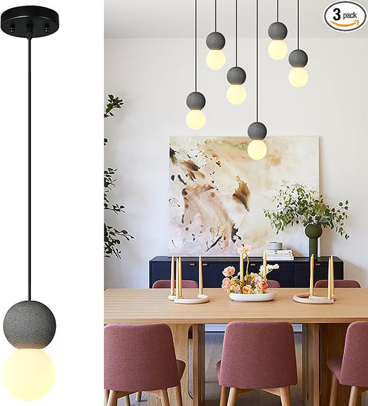 Modern Black 1-Light Concrete Pendant Light Kitchen Island Ceiling Light Fixture White Glass Globe Ball Pendant Lighting for Dining Room Coffee Club Resturant Bar Living Room(3-Pack)