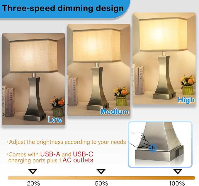 Table Lamp for Bedroom 3-Way Dimmable Touch Control Bedside Lamp with USB A+C Port & Outlet 21.6" Tall Nightstand Lamp for Living Room Bedroom Office and Hotel Bulb Included