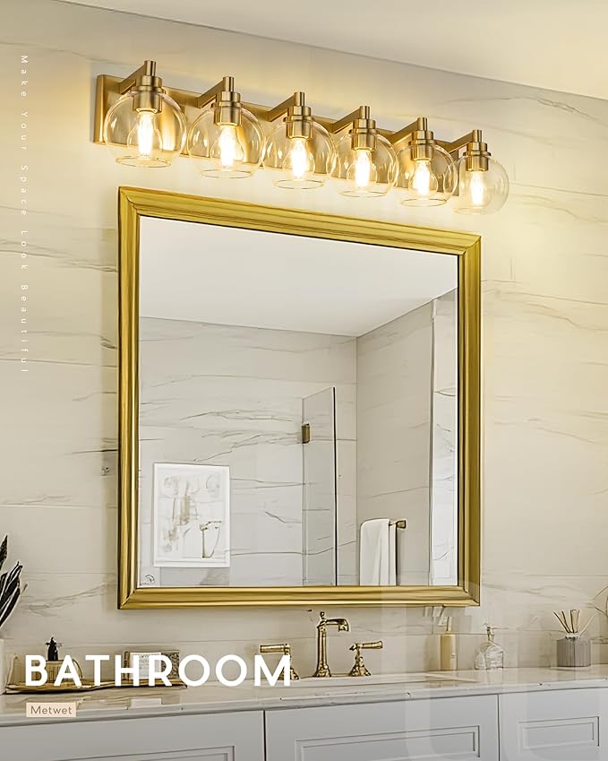 Bathroom Light Fixtures, 6 Light Brushed Gold Vanity Light, 38 Inch Modern Wall Sconces with Globe Clear Glass Shade, Vanity Lighting Fixtures Over Mirror, VL195-BG-6