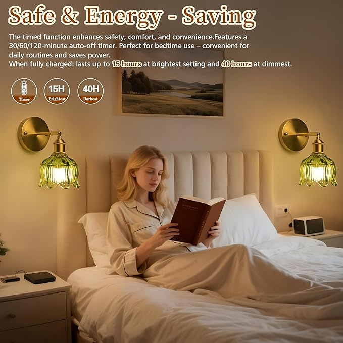 Vintage Battery Operated Wall Sconce with Remote Control,Wall Lamp with Flower lampshade,Rechargeable Battery Powered Wall Lights with 15 Colors for Beside Bedroom Living Room Doorway,Set of 2