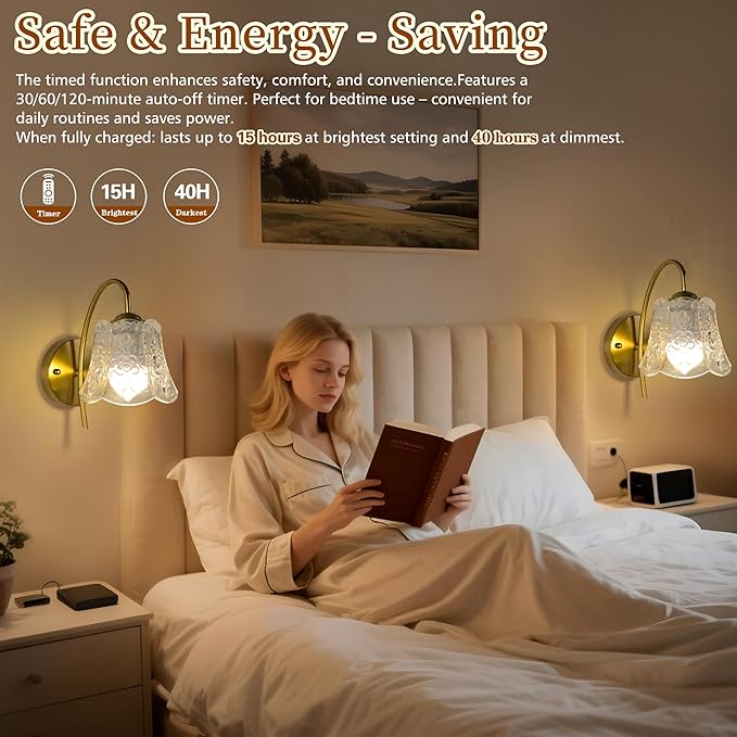 Vintage Battery Operated Wall Sconce with Flower lampshade,Rechargeable Battery Powered Wall Lights,Wall lamp with 15 Colors for Bedroom Living Room Home Decor (Clear Rose, 2 Light Battery Operated)