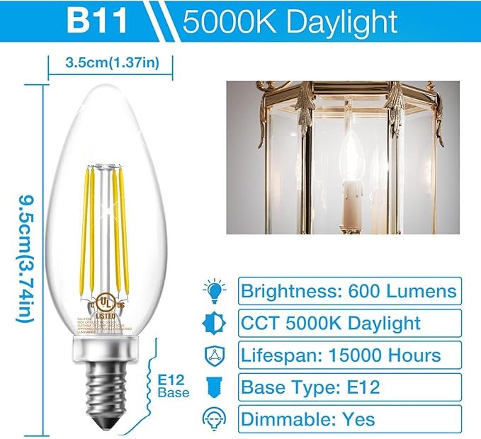 DAYBETTER B11 Chandelier Bulbs, Dimmable E12 LED 60W Equivalent, Candelabra 600 LM Daylight White 5000K, Filament Candle Light, Clear Glass, 24 Pack