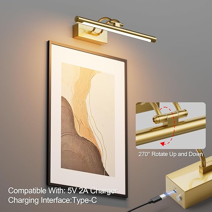 Cordless Picture Light with Remote, Battery Operated Wall Sconce for Artwork, 3 Colors Painting Light Dimmable and Timer, Wireless Art Light for Display (Gold)
