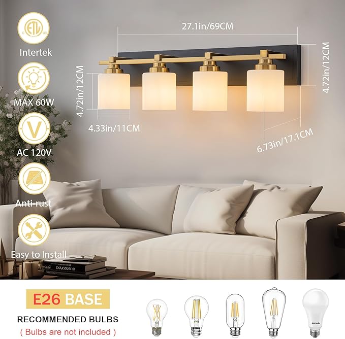 4 Light Modern Bathroom Light Fixtures Over Mirror, Black Gold Vanity Lights for Bathroom Wall Sconces with Milky White Glass Shades, E26 Socket (Bulbs Not Included)