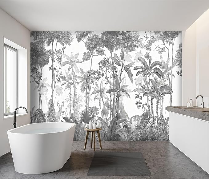 -Grey Jungle Botanical Animal Banana Leaf Fabric Wallpaper Living Room Tropical Plant Forest Leaf Wallpaper Bedroom Bathroom Wall Mural- 91"x65"（ not Peel and Stick）