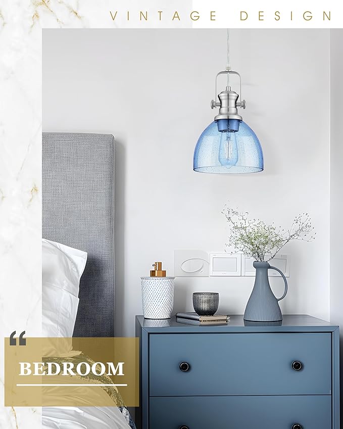 Pendant Lights Kitchen Island, 7.5" Farmhouse Pendant Lighting with Blue Seeded Glass Shade, Vintage Hanging Light Fixtures for Dining Room, Brushed Nickel Finish, AD-22151-1P-SN-BL