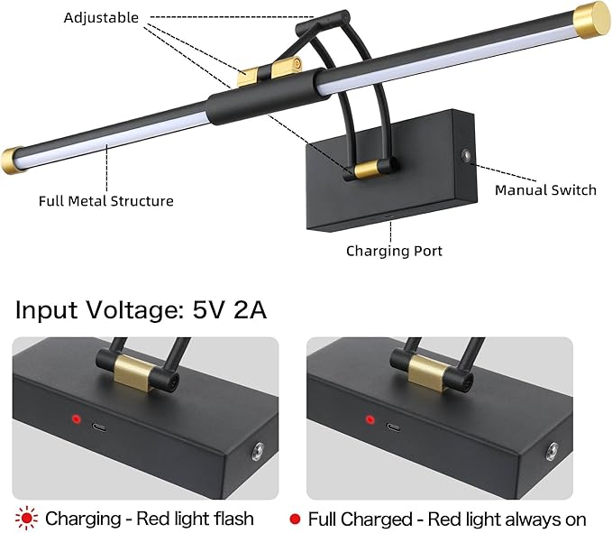 24“ Picture Lights for Wall Battery Operated, Wireless Picture Lights with Remote, Rechargeable Wall Light 3000K/4000K/6000K Dimmable, Art Lighting for Paintings Frame Gallery Dartboard, Black Gold