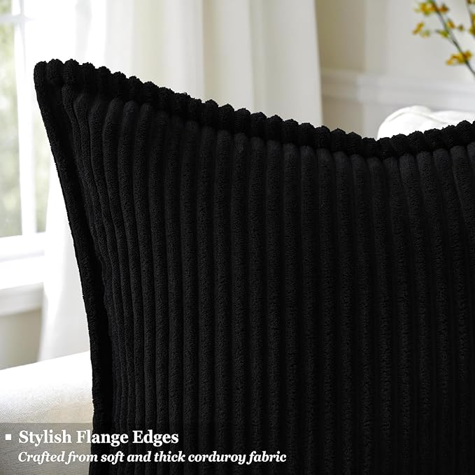 decorUhome Corduroy Black Throw Pillow Covers 22x22 Set of 2 Decorative Soft Boho Farmhouse Euro Couch Pillow Covers for Living Room Bed Sofa Broadside Striped Pillow Cases