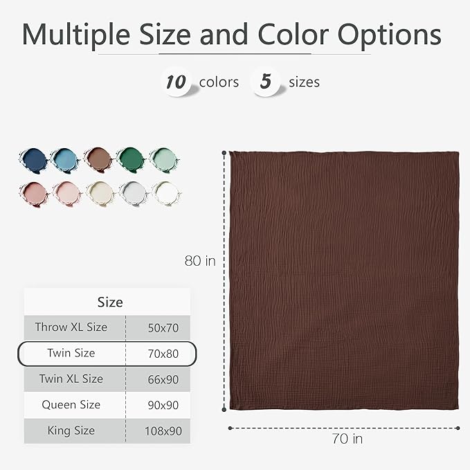 Carriediosa 100% Cotton Muslin Throw Blanket 70" X 80" Twin Size，4-Layers Summer Gauze Throws for Bed Couch，Soft Lightweight Breathable Linen Blankets Bedspread for Adults All Season，Dark Brown