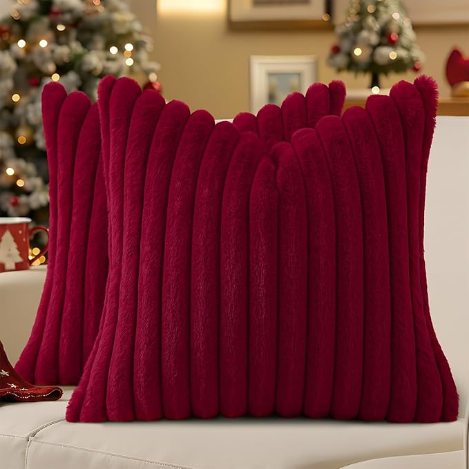 decorUhome Faux Fur Christmas Throw Pillow Covers 26x26 Set of 2, Decorative Soft Plush Striped Neutral Couch Euro Pillow Covers with Velvet Back for Sofa, Bed, Living Room Home Decor, Burgundy