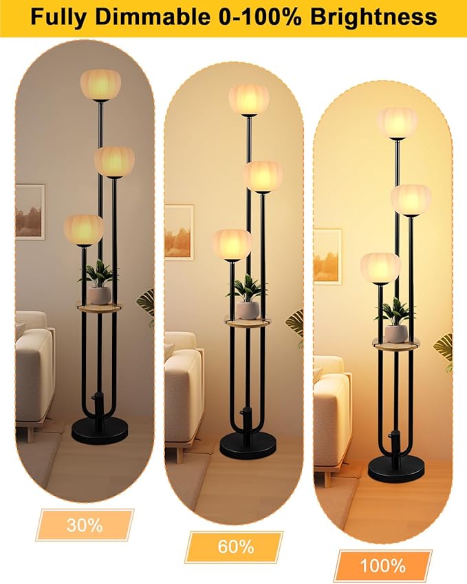 Lightdot Black Floor Lamp with Table, Modern Dimmable Floor Lamps with Pumpkin Lampshade, 3000K Soft Warm White Bulbs Included, 3-Light Tall Standing Lamp for Living Room/Bedroom