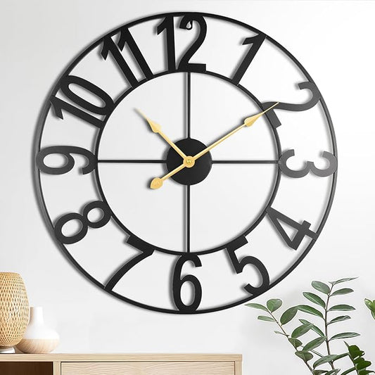 24-Inch Large Wall Clocks for Living Room Decor, Silent Non Ticking Wall Clocks Battery Operated, Decorative Analog Metal Indoor Wall Clock for Kitchen, Bedroom, Office Decor-Gold Hands