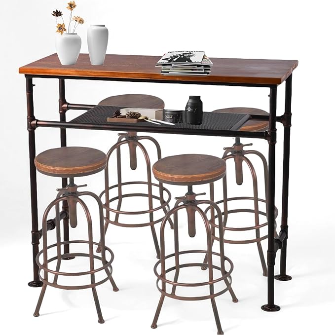 Industrial Rectangle Bar Table for 4-5 People 41.3inch Height Rustic Pipe Design Dining Table Office Meeting Computer Desk Narrow Display Stand in Hallway with 2 Tier Storage