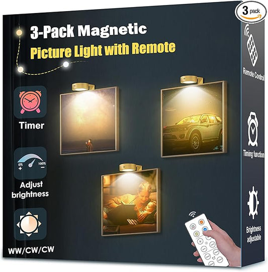 3-Pack Picture Light Battery Operated, Magnetic Led Lights with Remote, Dimmable and Timer Painting Light, Art Display Light for Picture Frame Artworking Portrait, Home Wall Decor Puck Lights, Gold