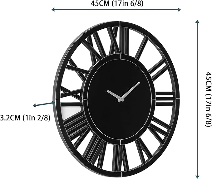 SHYFOY 18" Modern Black Mirror Wall Clock with Roman Numerals - Large Decorative Wall Clock for Living Room, Bedroom, Office - Silent, Non-Ticking, Easy to Hang
