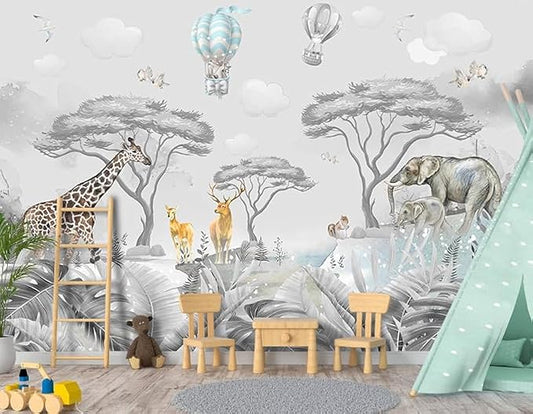 -Tropical Rainforest Plants Animals Tigers Fabric Wallpaper Jungle Plants Banana Leaves Boys Girls Kindergarten Children Bedroom Large Mural- 160"x108"（ not Peel and Stick）