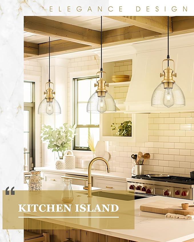 Pendant Lights Kitchen Island, 7.5" Farmhouse Pendant Lighting with Clear Seeded Glass Shade, Vintage Hanging Light Fixtures for Dining Room, Brushed Gold, AD-22151-1P-GD