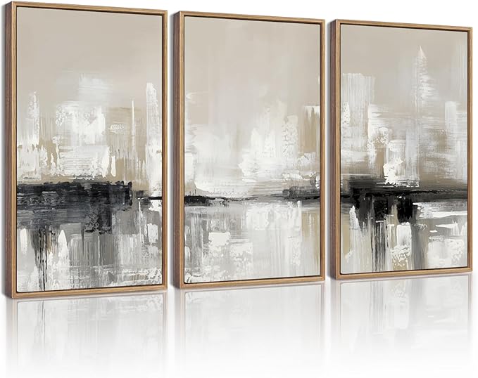KUVIOKE Abstract Gray Framed Wall Art Neutral Brown Artwork Painting Morden Minimalist Wall Decor Rustic Home Decor 12x16in (Natural Framed)