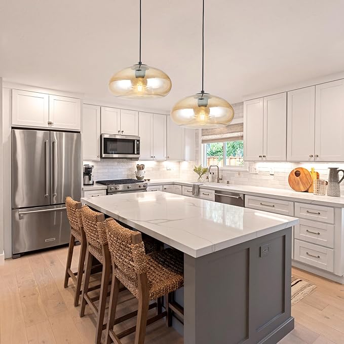 Glass Pendant Lights Kitchen Island Lighting Globe Pendant Light Fixtures IIndustrial Vintage Pendant Lighting for Kitchen Island Bedroom Living Dining Room Light Fixture(Amber)