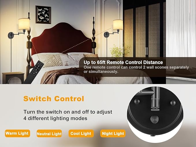 Plug in Wall Sconces with Remote Control, Dimming 10%-100% & Adjustable Colors 2700K-6500K, Hardwire or Plug-in, Swing Arm Wall Lamp with Linen Fabric Shade, Wall Sconces Set of Two, Black Finish
