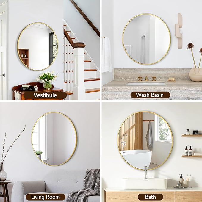 Circular Mirror Gold Round Mirror 18 Inch Round Bathroom Mirror Wall Mirrors Brushed Metal Frame Anti-Rust Tempered Glass for Bathroom Bedroom Entryway Living Room