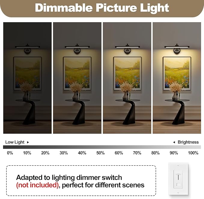 Black Picture Lights for Paintings Hardwired LED Wall Art Lighting 15.75" Dimmable Full Metal Gallery Light Modern Portrait Artwork Picture Frame Light with Single Swing Arm, 9W, 2700K, Warm White