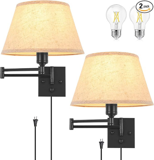 TRLIFE Dimmable Wall Sconce Plug in, Wall Sconces Set of Two Swing Arm Wall Lights with Plug in Cord and On/Off Dimmer Rotary Switch, 11.8" Large Beige Fabric Shade(2 Pack, 2 Bulbs Included)