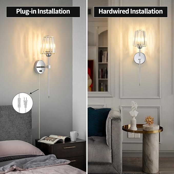 Crystal Wall Sconces Set of 2, Dimmable Wall Sconce with Plug in Cord and Dimmer Chrome Plug in Wall Lamp Wall Mounted Light with Crystal Shade for Living Room Bedroom Vanity Light, Bulbs Included
