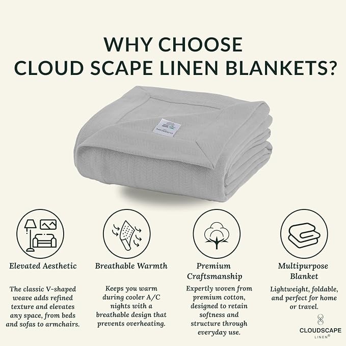 Cloud Scape Linen Herringbone Cotton Throw Blanket for Couch, Bed, Home Decor, Soft, Lightweight, All-Season Travel Blanket, 50 x 70, Light Grey